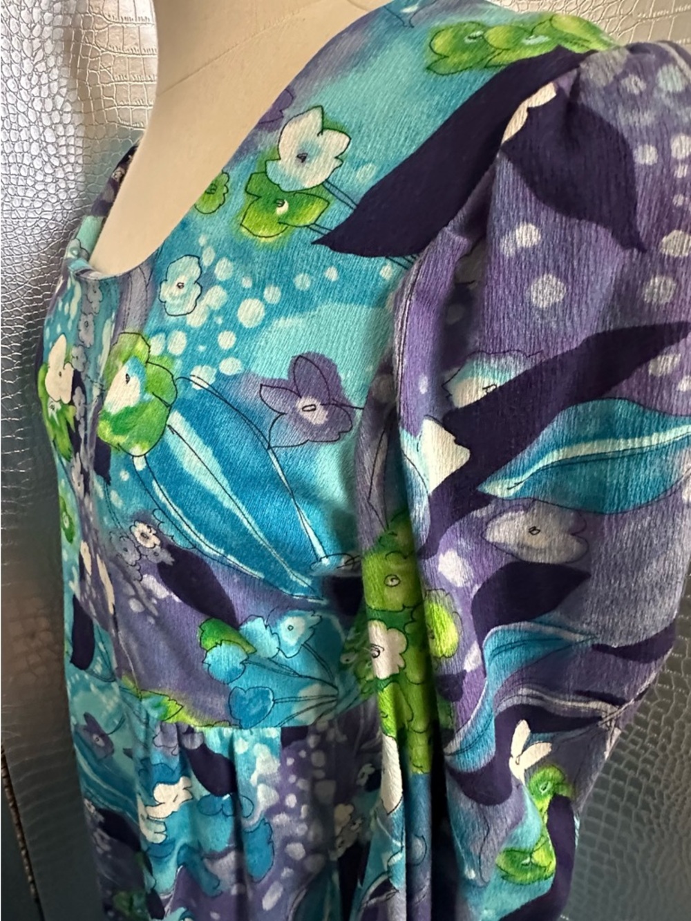 Vintage Long Sleeve Floral Maxi Dress in Teal, Purple & Lime - Picture 6 of 10